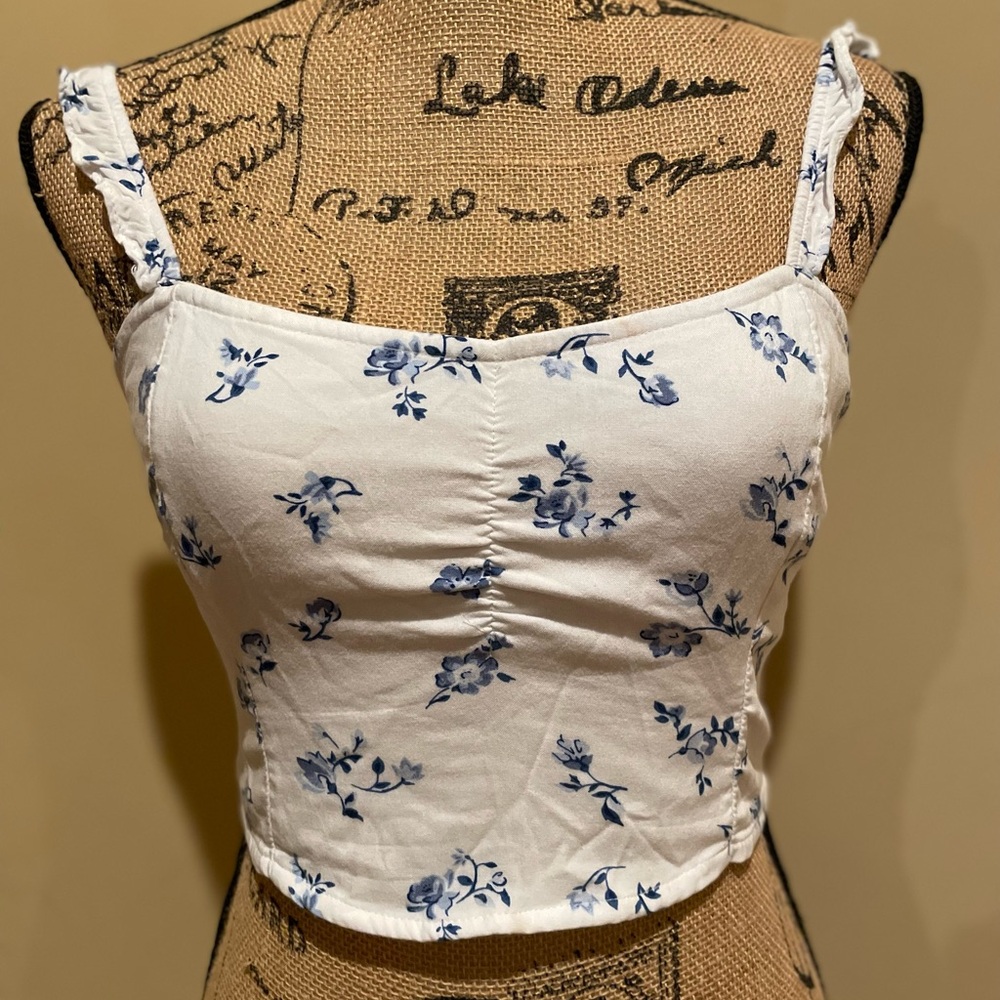 Hollister Floral White and Blue Ruffle Spaghetti Strap Women's Top Size S